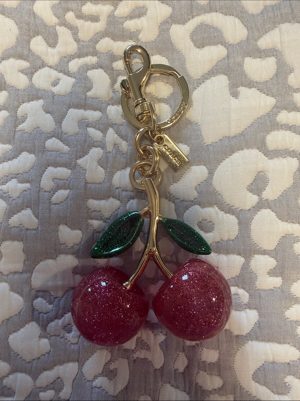 Gold Cherry Keychain/Bag Charm with Pink Glitter Cherries and Green Leaves